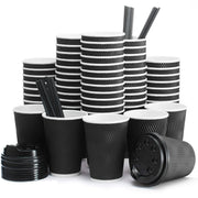 Insulated Disposable Coffee Cups with Lids & Straws 12 oz, 100 Packs - Paper Cups