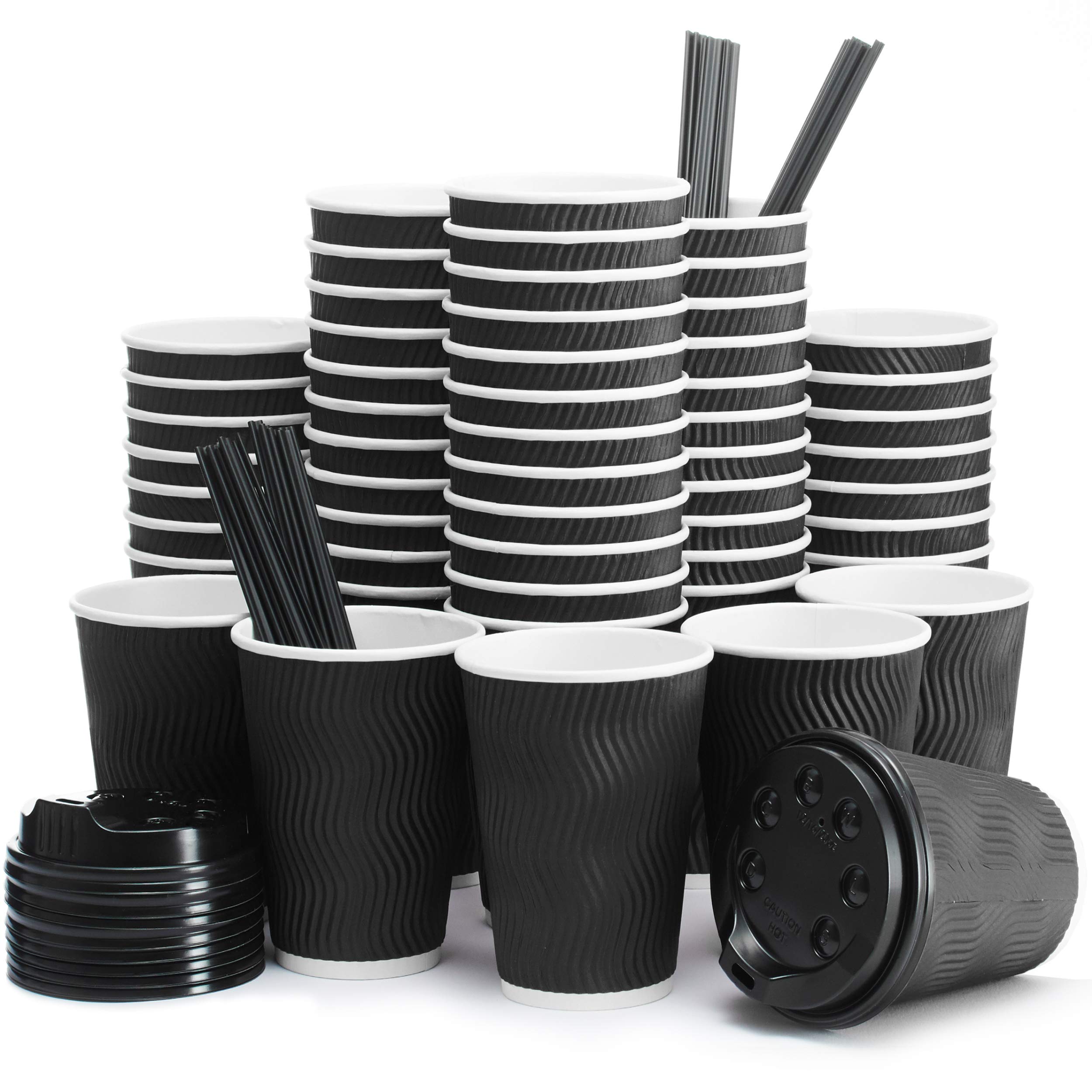 Insulated Disposable Coffee Cups with Lids & Straws 12 oz, 100 Packs - Paper Cups