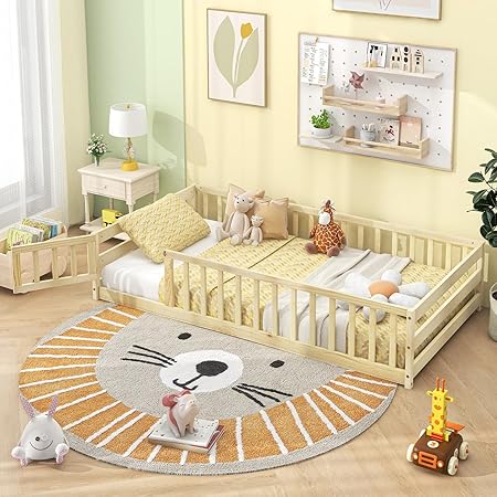 Twin Floor Bed with Door & Fence, Kids Wood Montessori Bed with Safety Guardrails