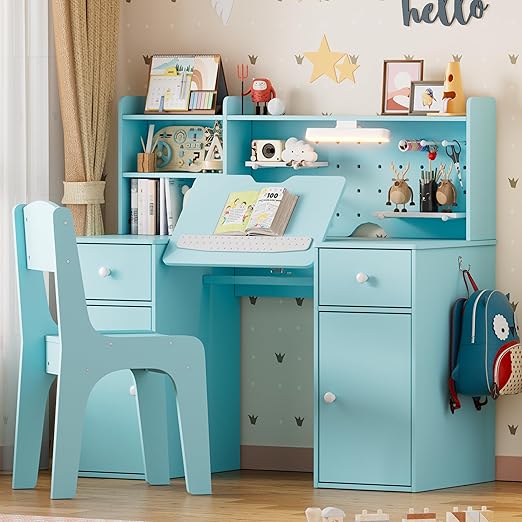 Kids Desk and Chair Set,Kids Study Desk with 3-Color Lights