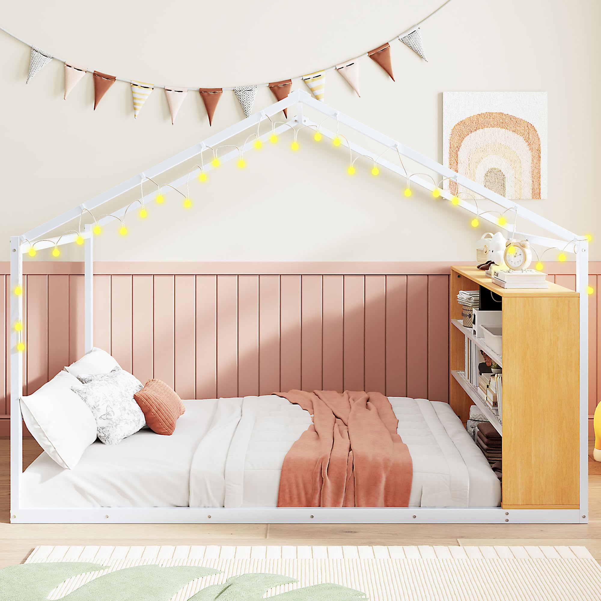 Montessori Floor Bed with Storage Shelf, LED Lights