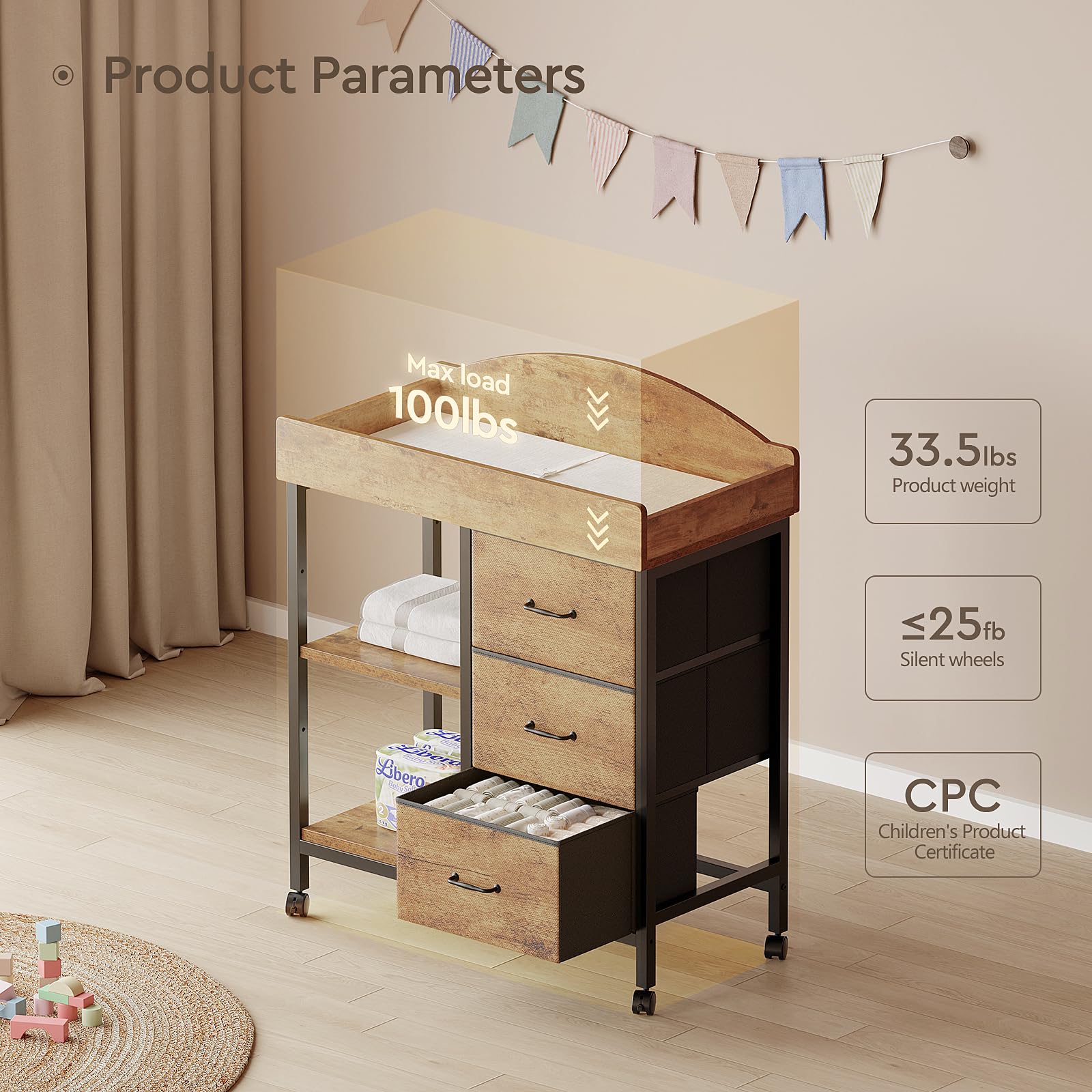 Baby Changing Table Dresser with Drawers and Shelves