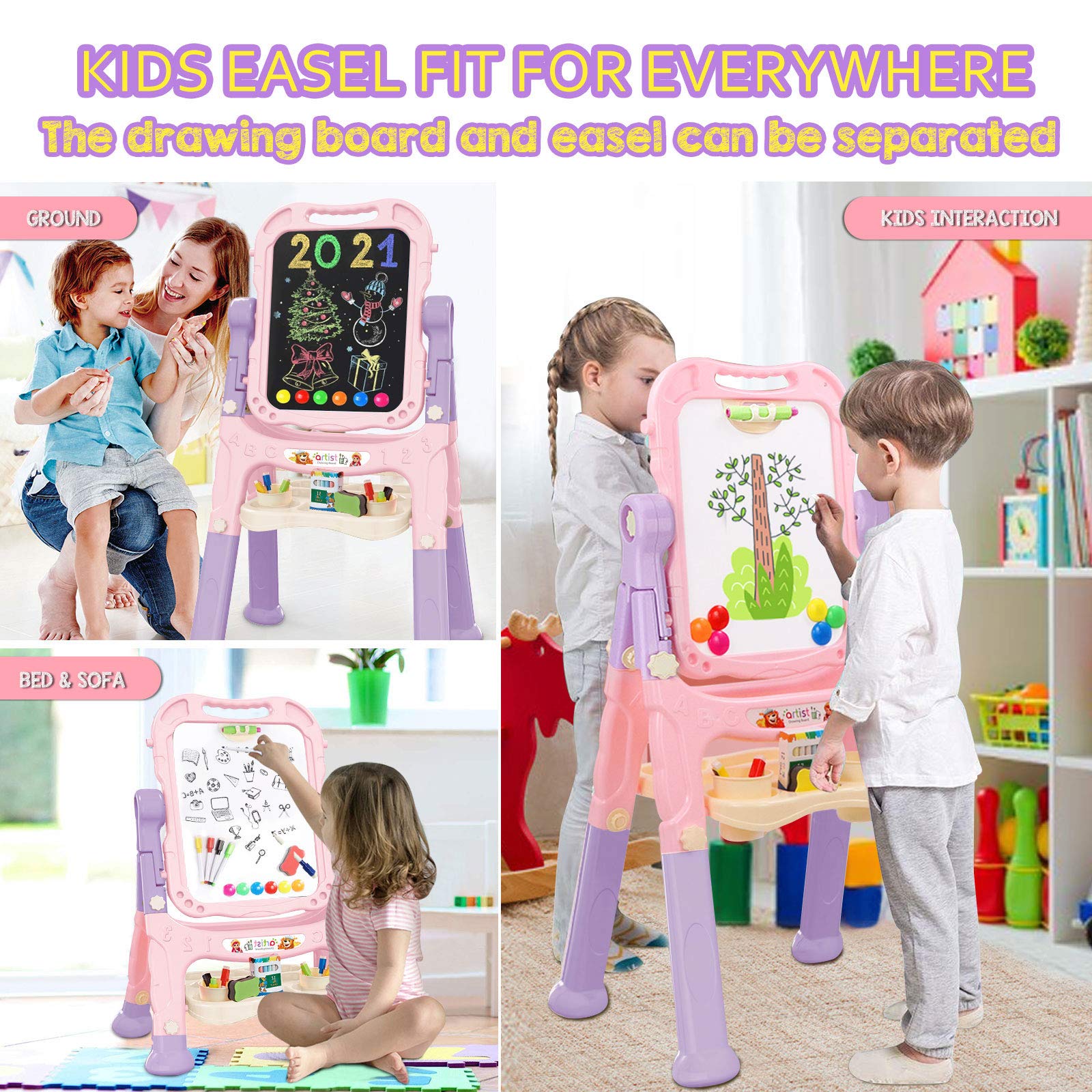 Art Easel for Kids, Adjustable Standing Rotatable Double Sided Easel with Painting Accessories for Toddlers Boys and Girls-Pink