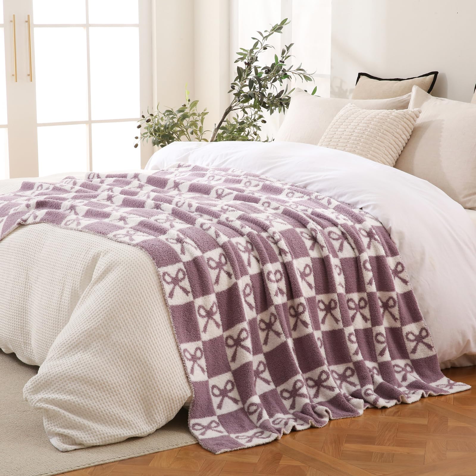 Purple Checkered Knit Throw Blanket with Bow Pattern 50x60 Lovely Ultra Soft Microfiber