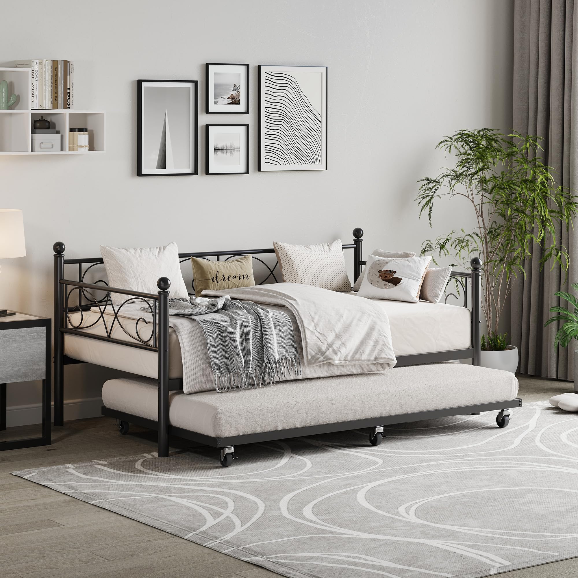 Twin Daybed with Trundle and Floral Metal Headboard