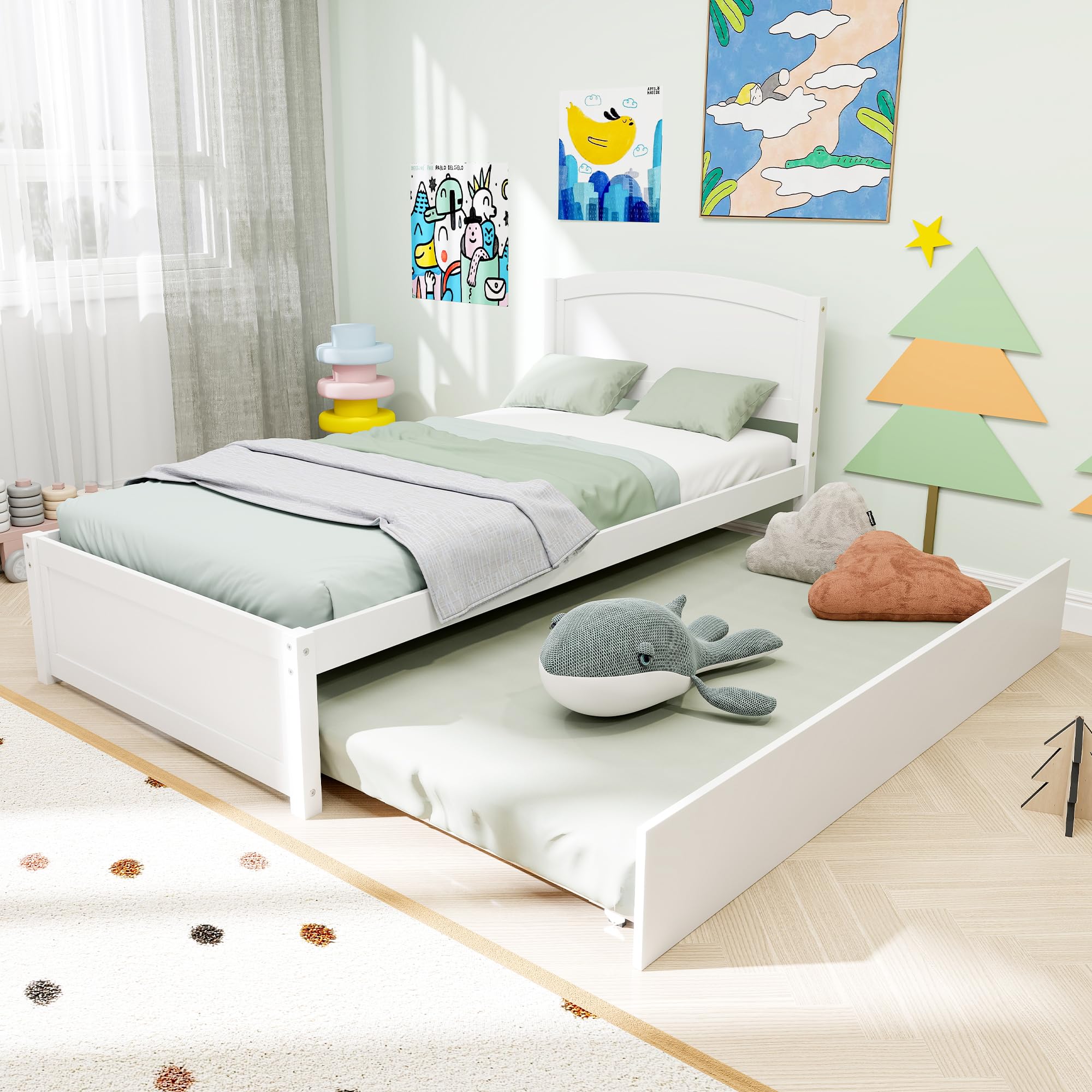 Twin Trundle Bed, Solid Wooden Pull Out Bedframe