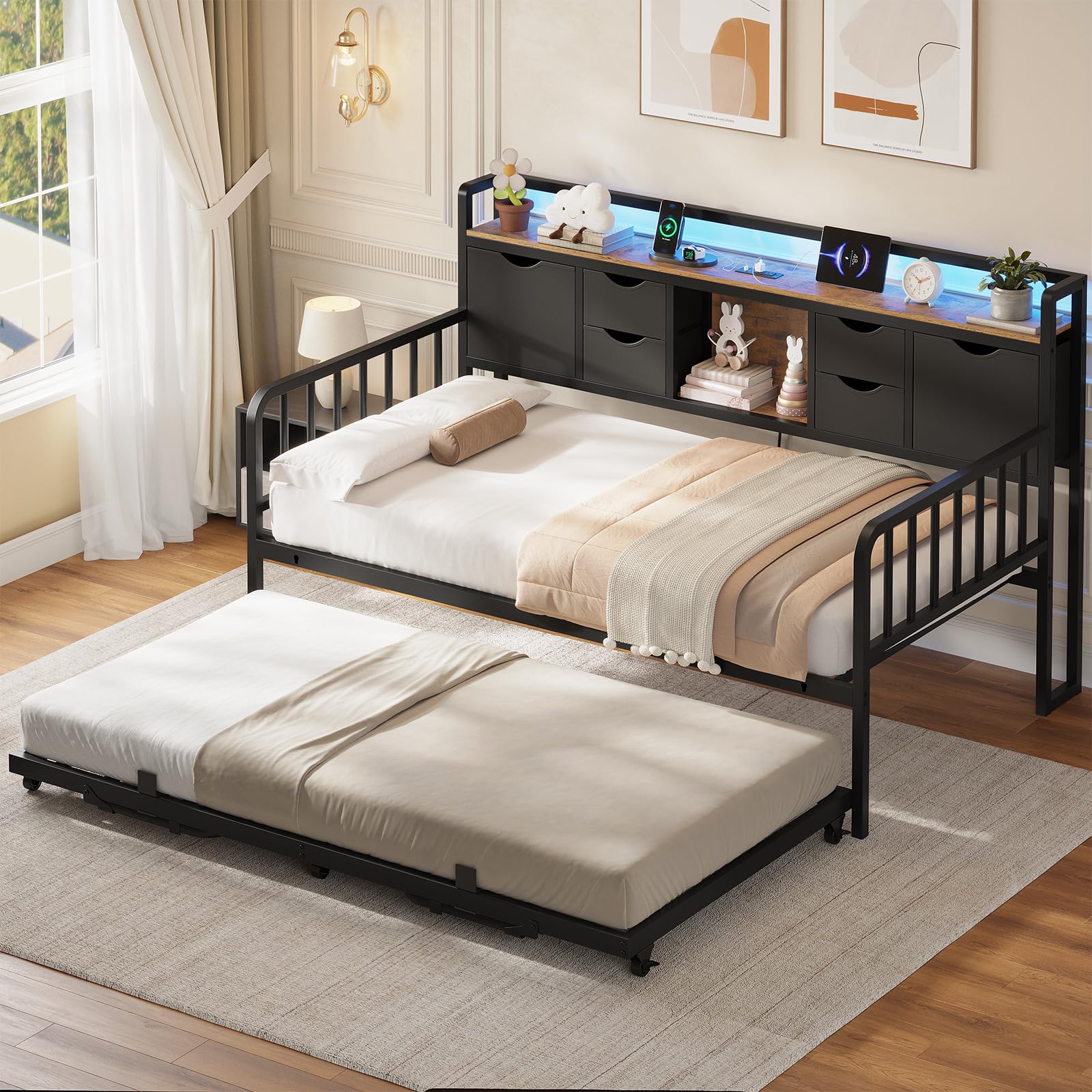 ADORNEVE Daybed with Trundle, Twin Day Bed with Storage Headboard & Charging Station, Height Adjustable Metal Trundle Bed Twin, Sofa Bed Frame for Living Room, Bedroom and Guest Room, Black