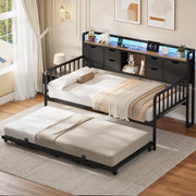 ADORNEVE Daybed with Trundle, Twin Day Bed with Storage Headboard & Charging Station, Height Adjustable Metal Trundle Bed Twin, Sofa Bed Frame for Living Room, Bedroom and Guest Room, Black