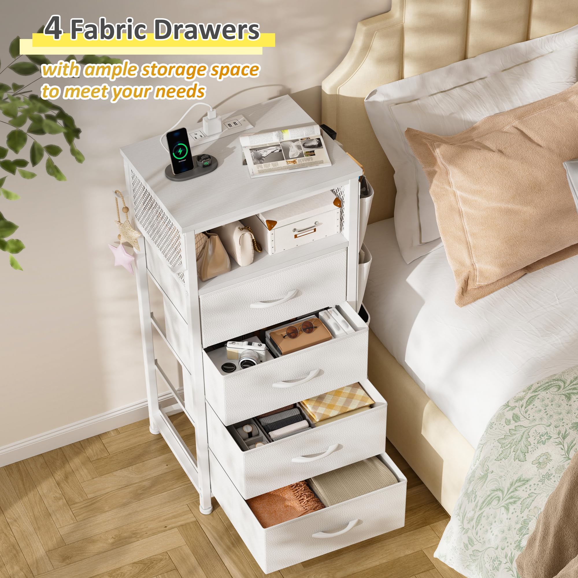 LED Nightstand Set of 2 with Charging Station and Fabric Drawers