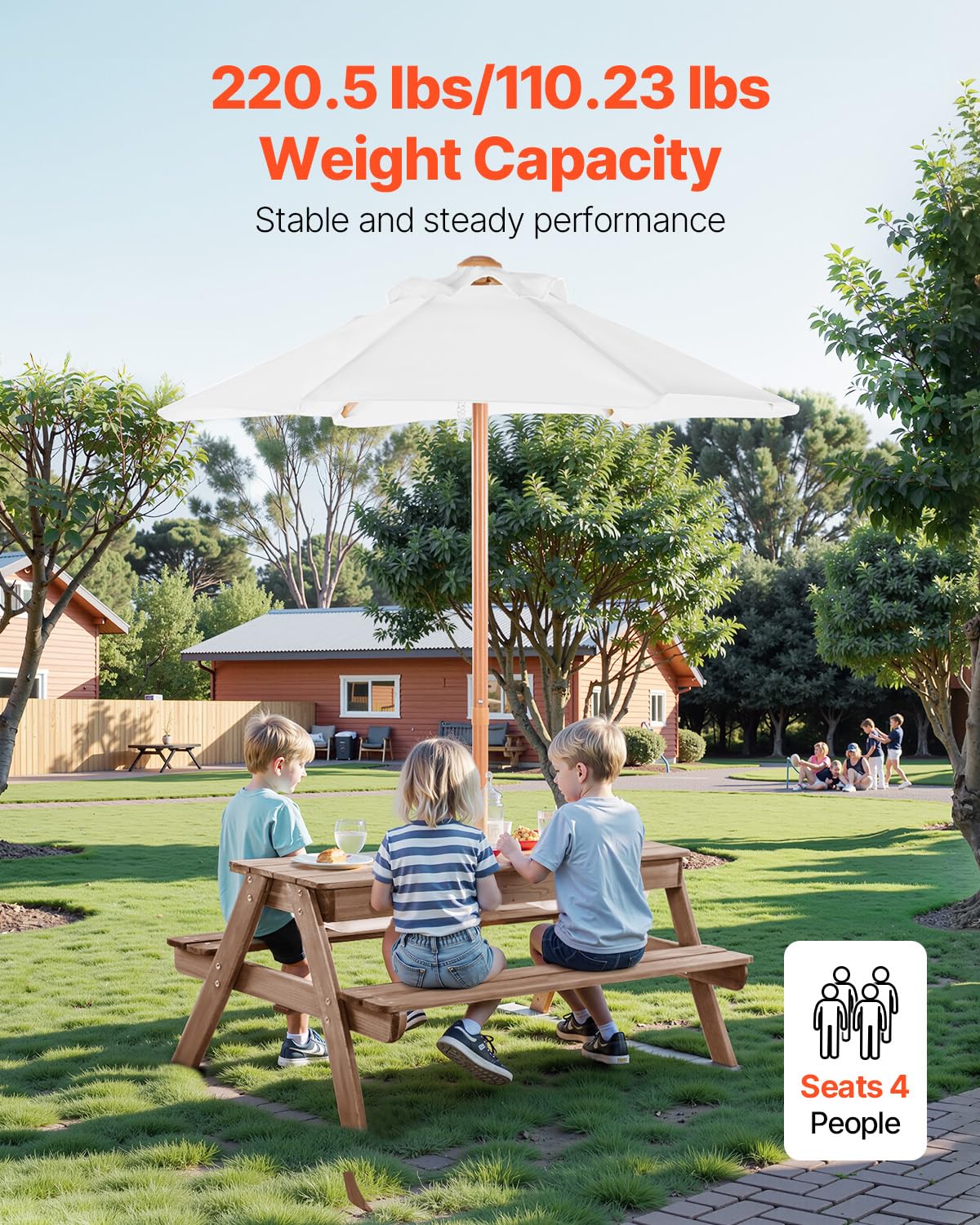 Kids Picnic Table with Umbrella 3-in-1 Sand Water Table Outdoor Wooden Bench Set
