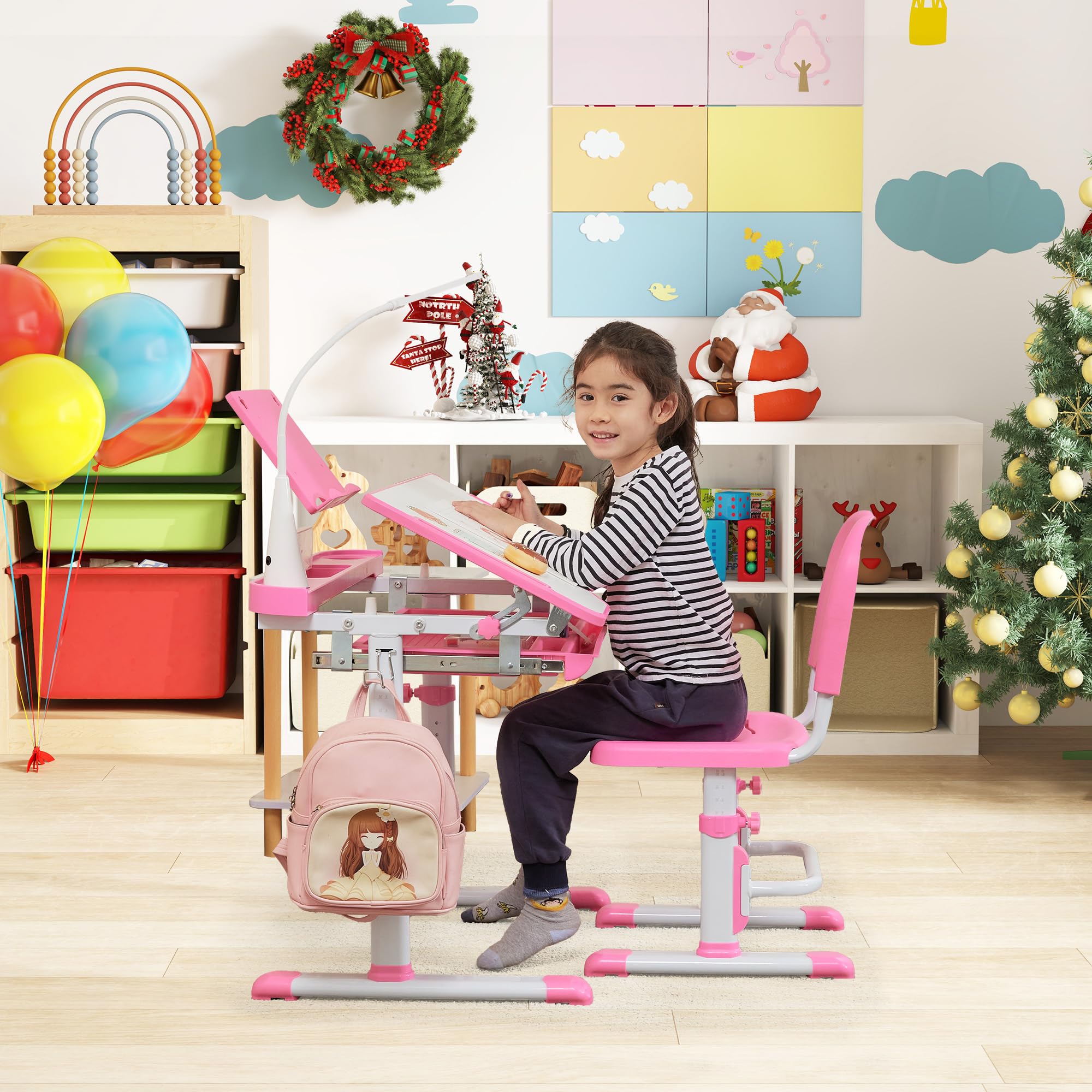 Height Adjustable Kids Desk and Chair Set with Tiltable Desktop