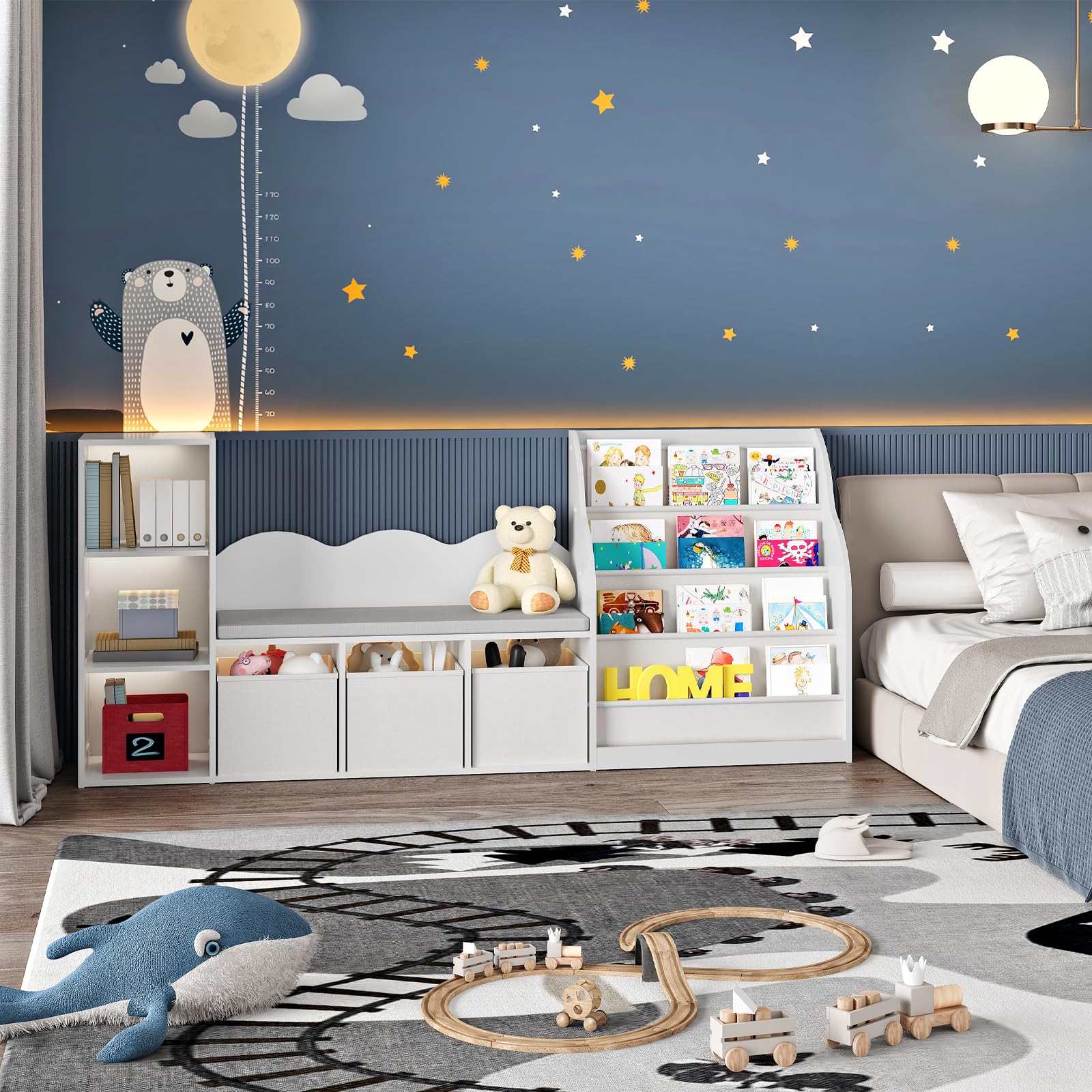 Kids Bookshelf with Reading Nook and Cushioned Seat