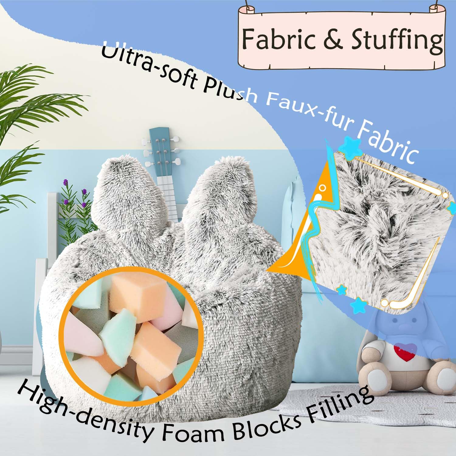 Memory Foam Bean Bag Chair with Rabbit Ears for Kids and Teens
