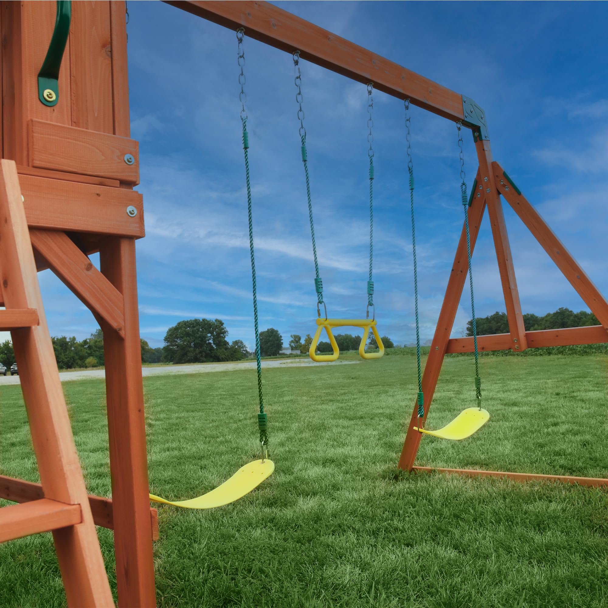 Cedar Wood Swing Set Outdoor Playset Clubhouse Wave Slide Rock Wall Trapeze