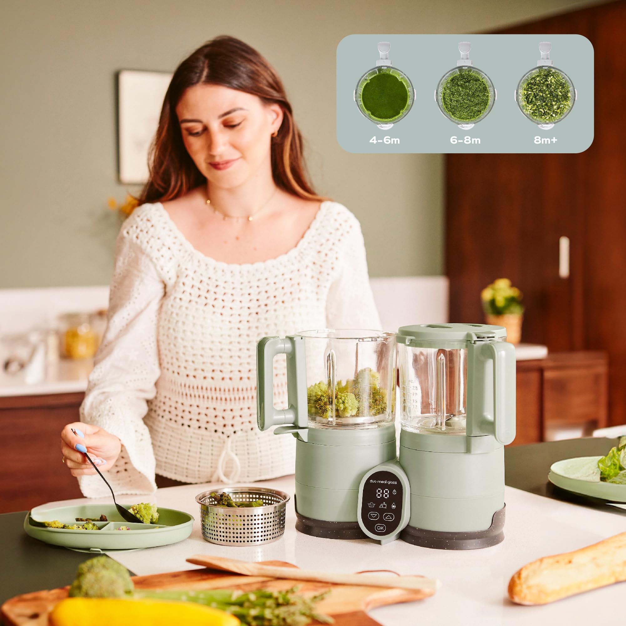 Babymoov Duo Meal Glass Baby Food Maker, Celadon Green – 4-in-1 Steamer, Blender, Defroster, and Heater with Programmable Timer, Large Capacity, Glass Bowls, Dishwasher Safe
