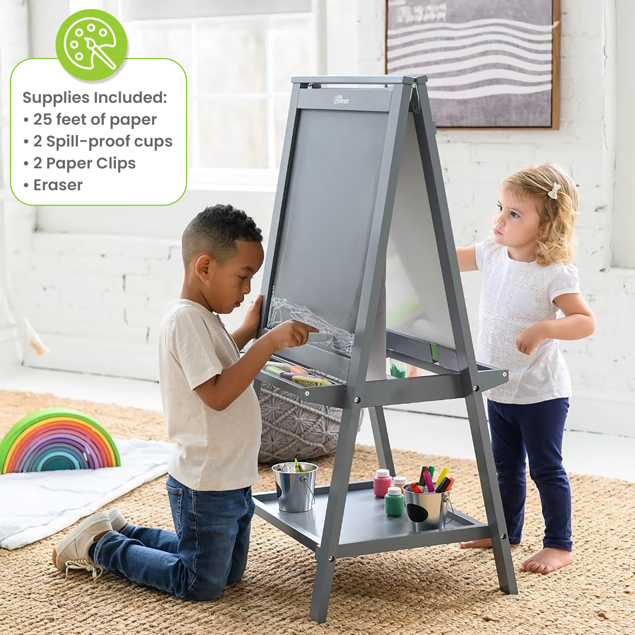 Little Partners Folding EZ Painting Easel for Kids, Dual-Sided Art Easel for Kids Art Station, Folds Flat with Chalkboard, Dry Erase Whiteboard, Paper, Eraser, Paint Cups, Shelf (Earl Grey)