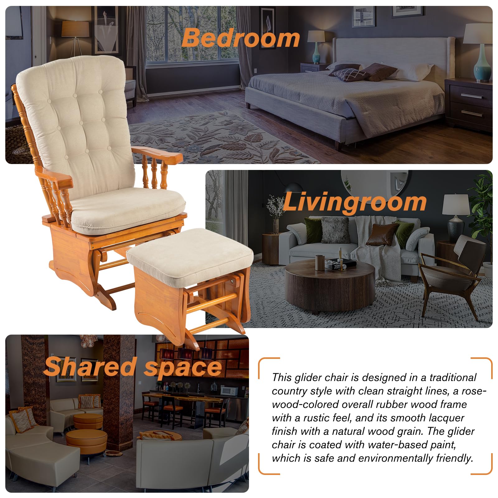 Solid Wood Glider Rocking Chair with Ottoman and Padded Cushion