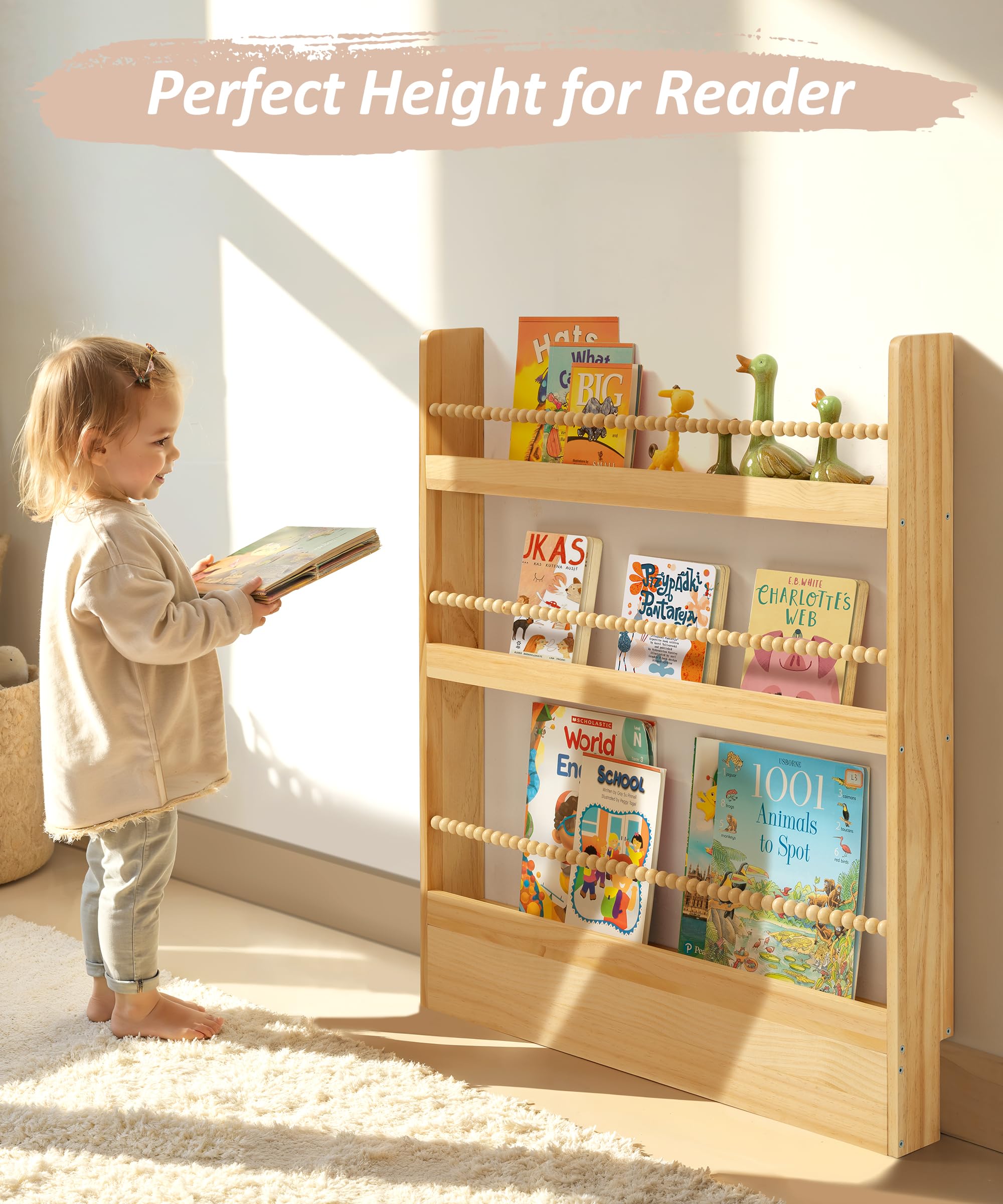 Kids Bookshelf Wall Mount 3 Tier Natural Wood