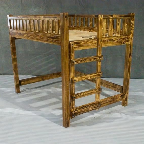 Farmhouse Wood Loft Bed Frame, Full Size - Torched Pine, Rustic