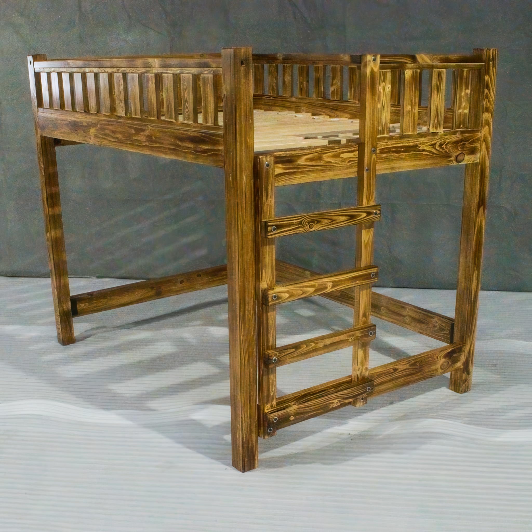 Farmhouse Wood Loft Bed Frame, Full Size - Torched Pine, Rustic