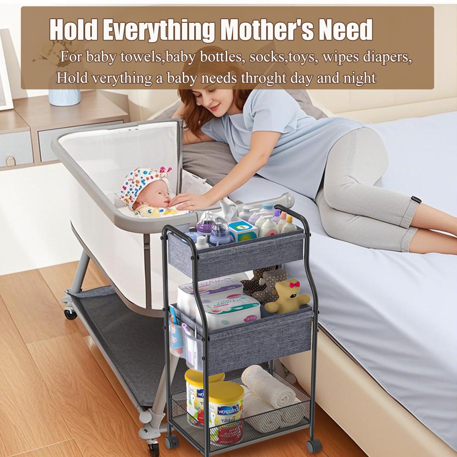 3-Tier Baby Diaper Caddy Organizer and Storage Cart