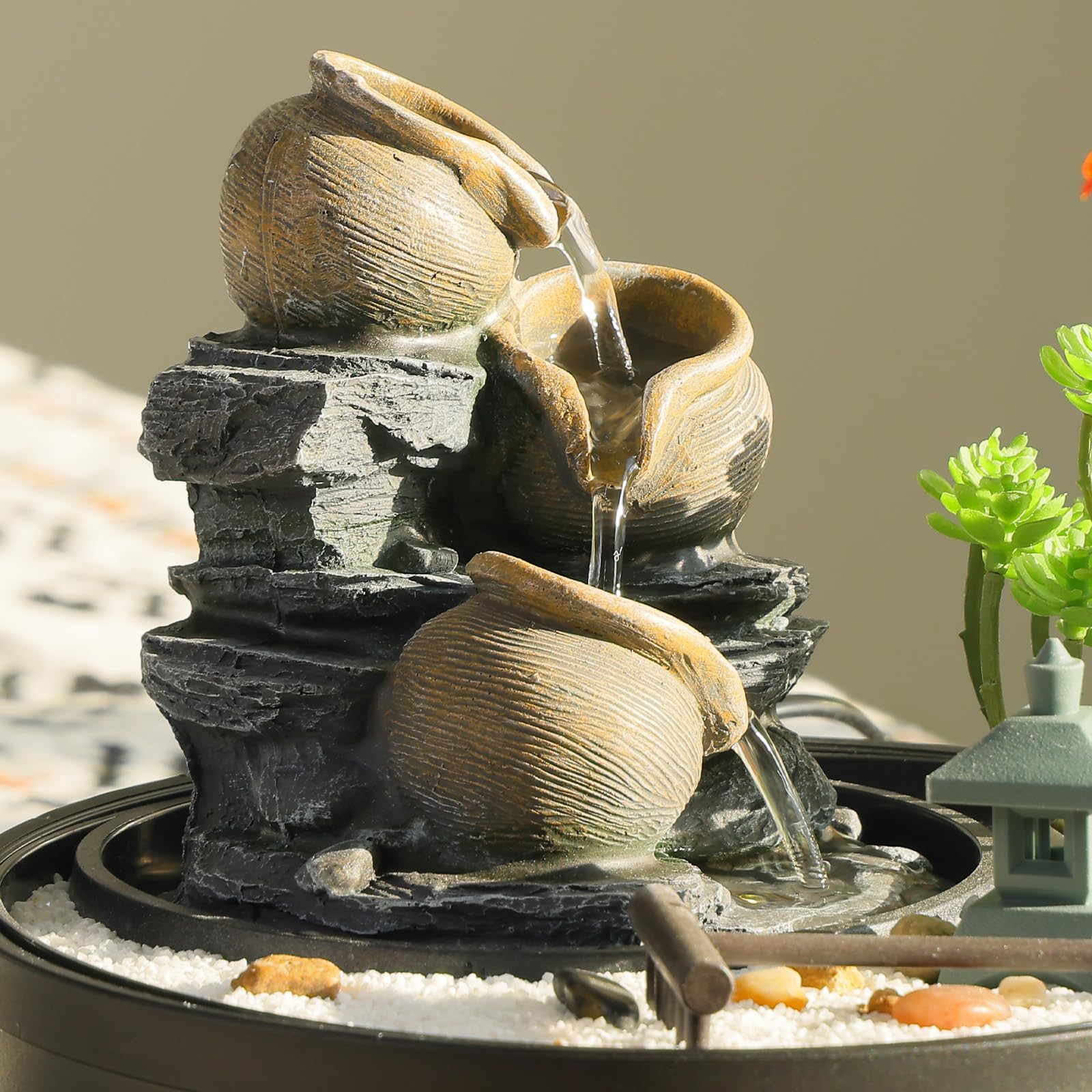 Tabletop Water Fountain with LED Lights and Pagoda Design