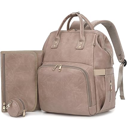 Premium Vegan Leather Diaper Bag Backpack with Waterproof Changing