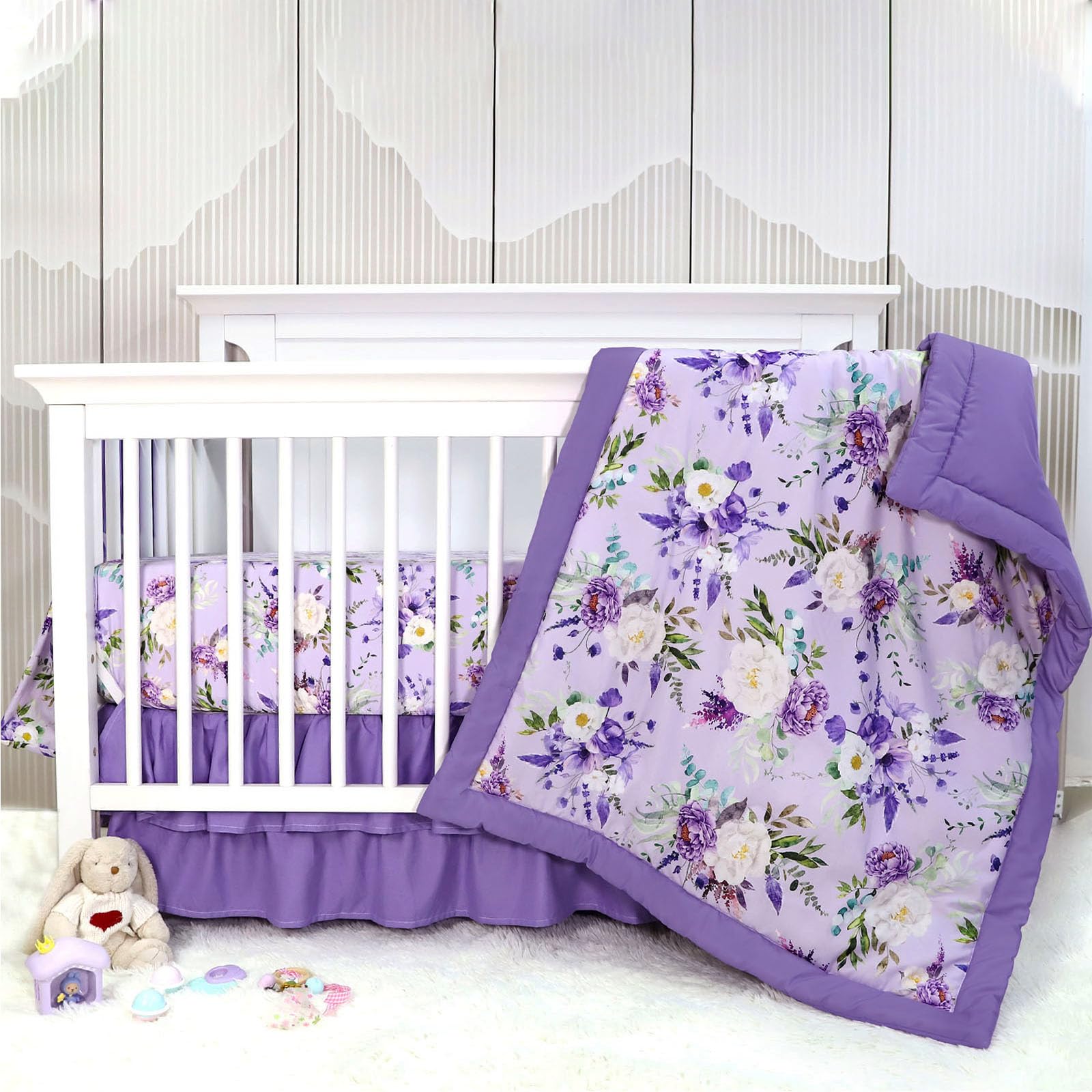 CARUILI Crib Bedding Set for Girls, Purple Baby Crib Bedding Set 4 Piece, Baby Girl Nursery Bedding Set Including Comforter, Fitted Crib Sheet, Crib Skirt, Diaper Stacker, Floral