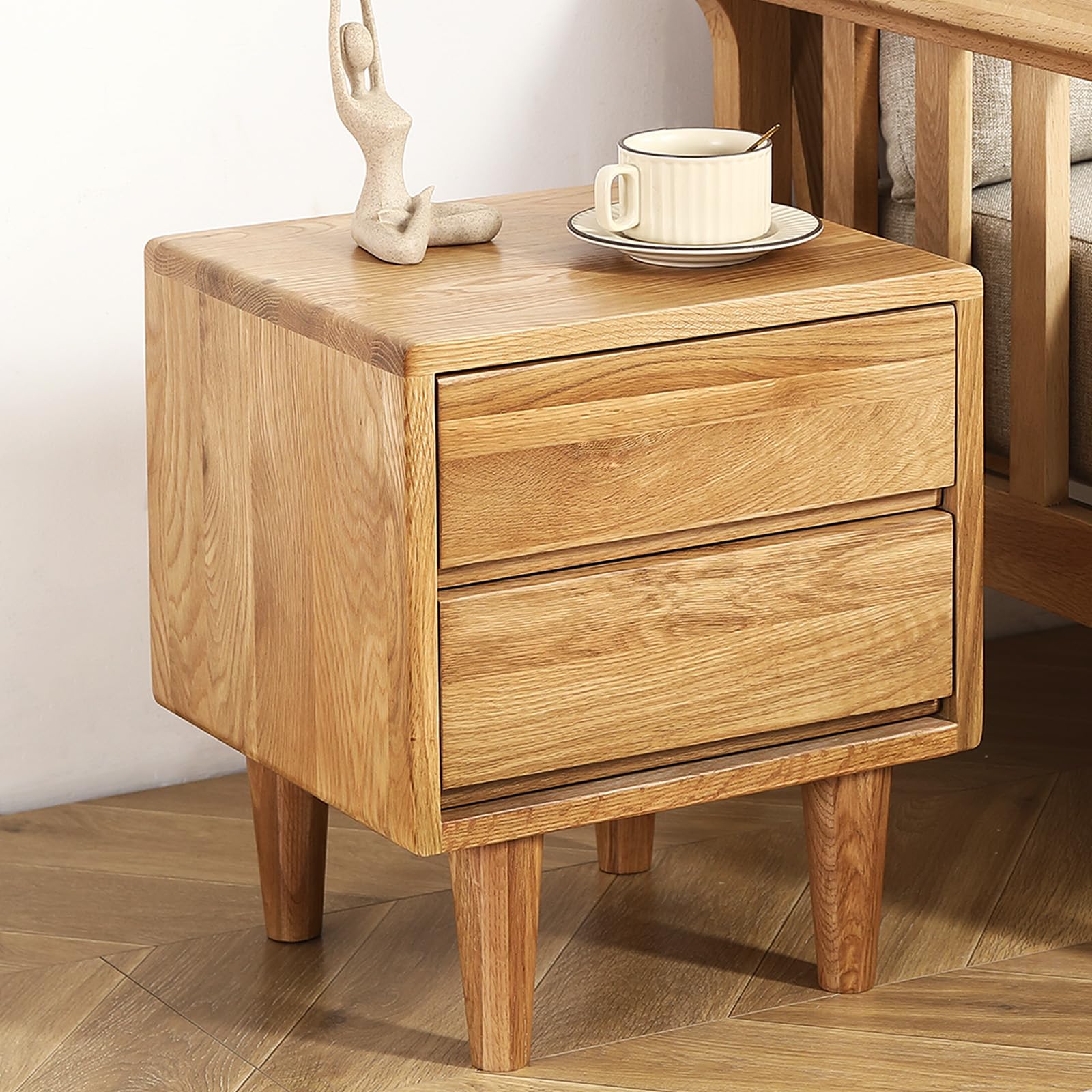 Solid Oak Wood Nightstand with 2 Drawers - Natural Bedside Table