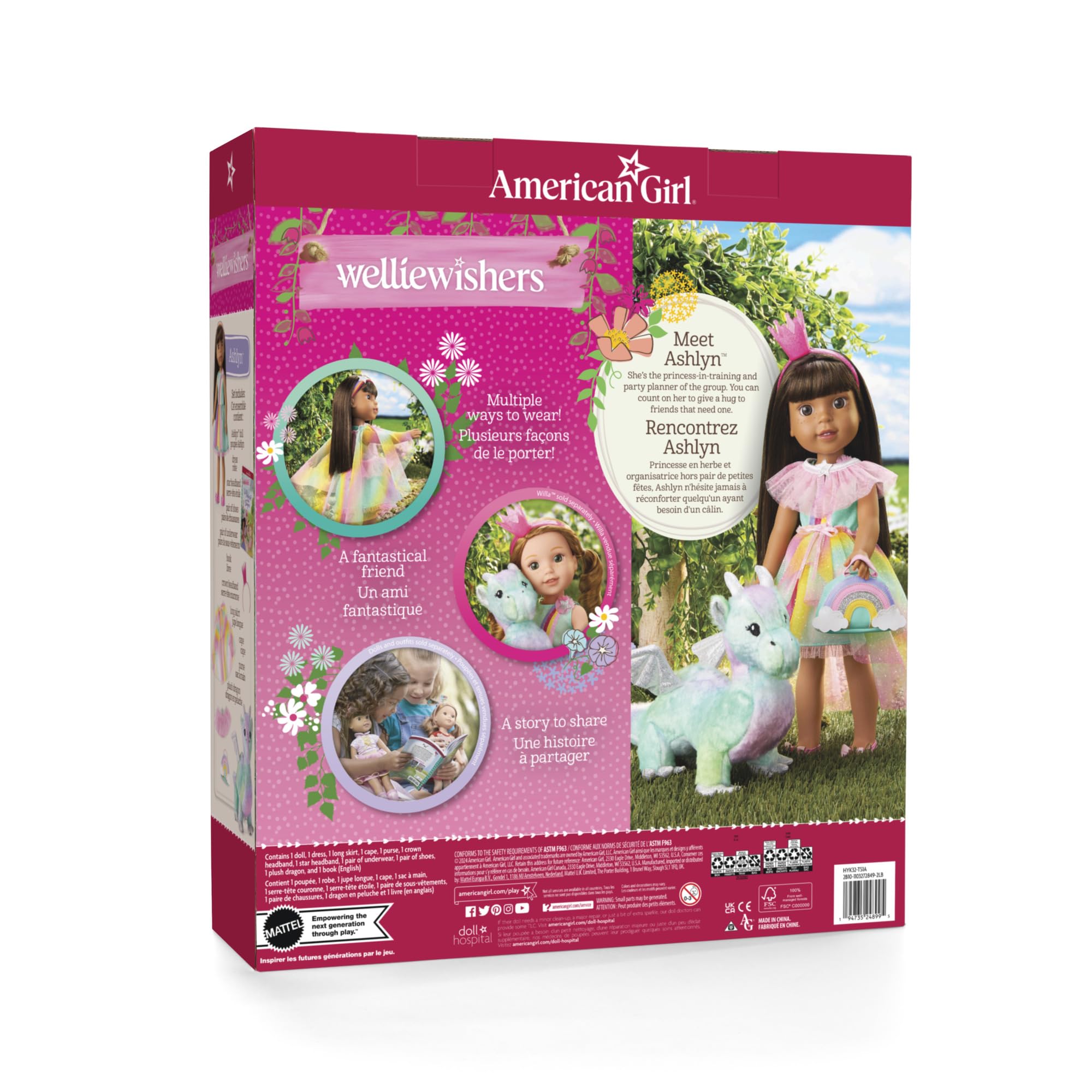 WellieWishers 14.5-inch Ashlyn Doll Playset with Crisella The Dragon, Doll Dress