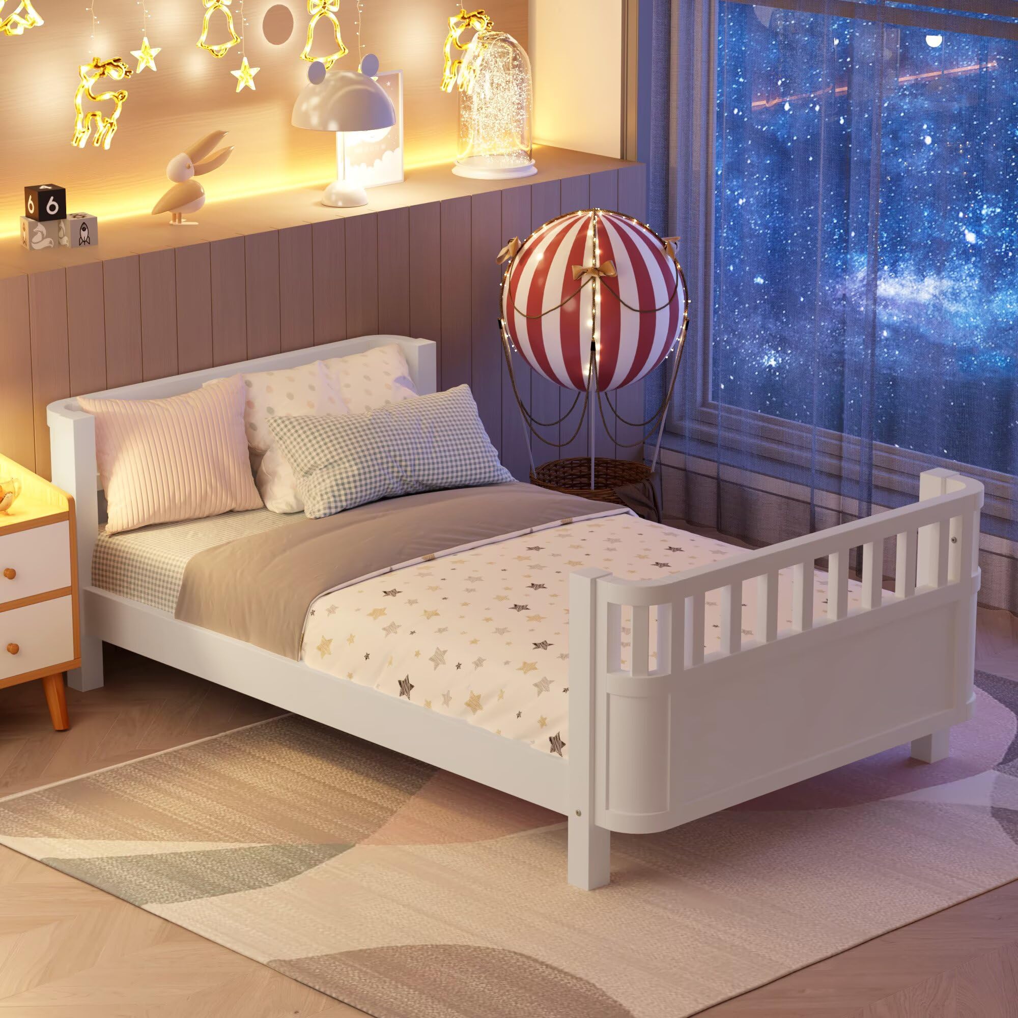 Twin Wooden Floor Bed Frame with Safety Rails