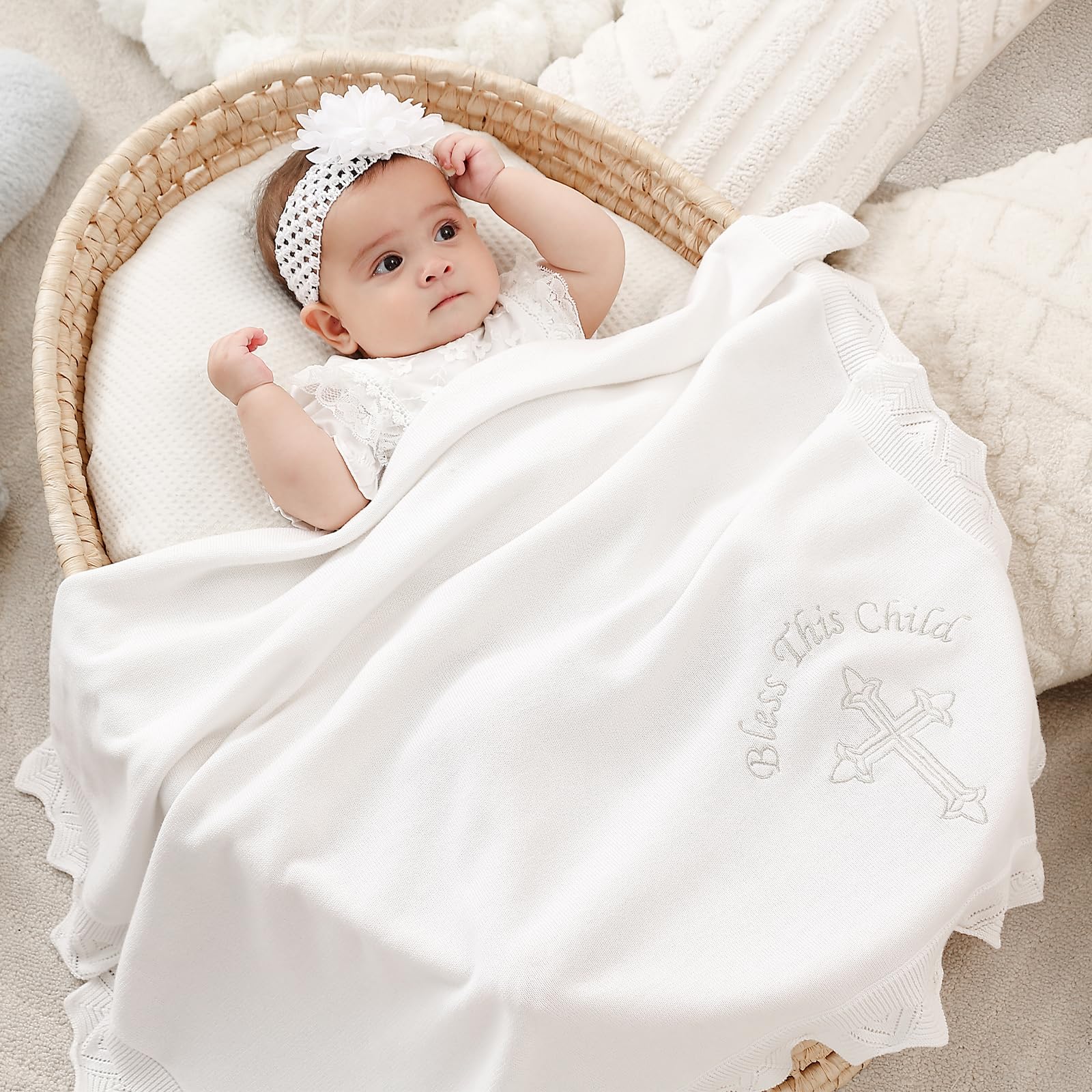 Baby Baptism Blanket – White Cotton Knit Christening Shawl