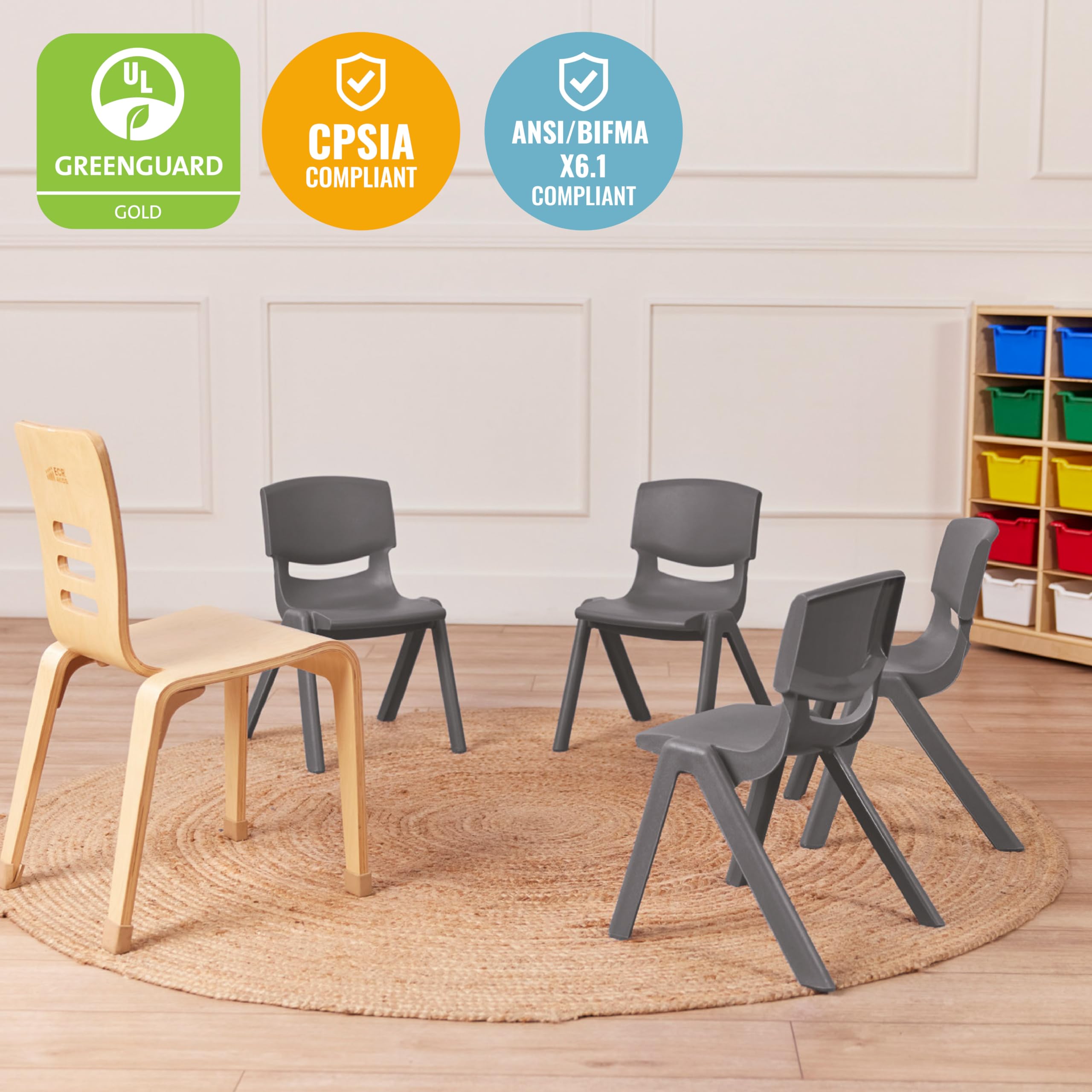 12 Inch Plastic School Stack Chair - Grey 4-Pack