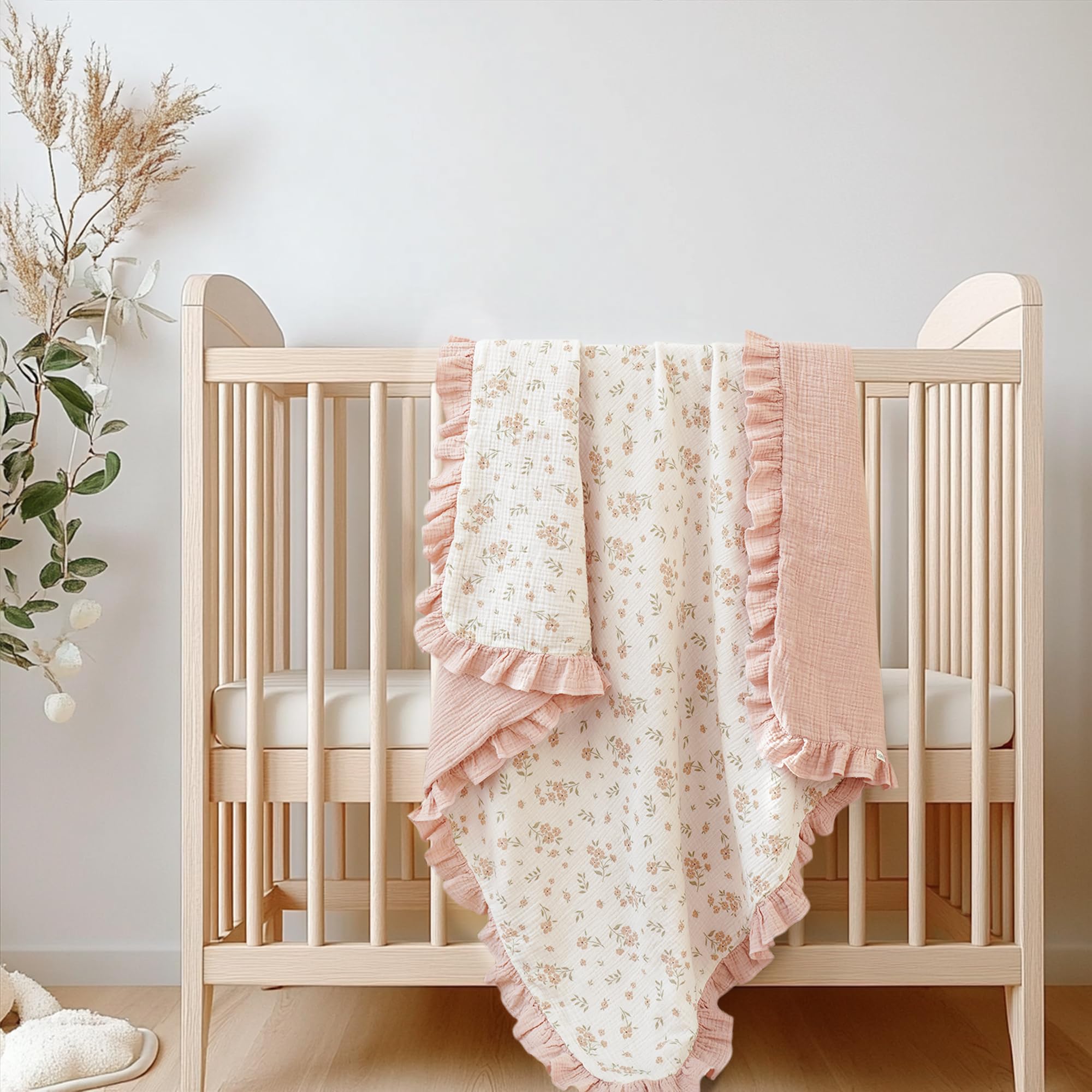 Flounce Muslin Baby Blankets, Cotton Crib Blanket for Baby Infant Toddler