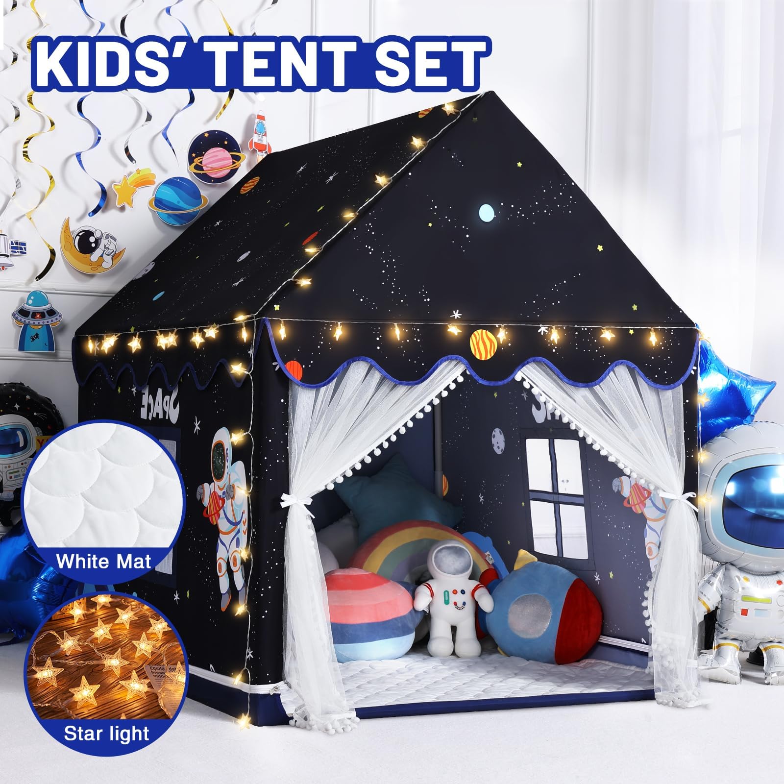 Space Kids Tent with Mat and Star Lights