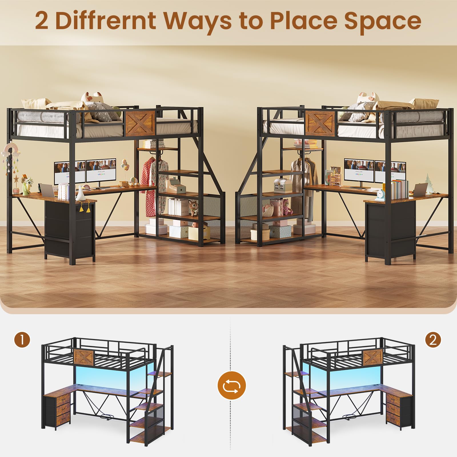 Twin Loft Bed with L-Shaped Desk and Storage Stairs