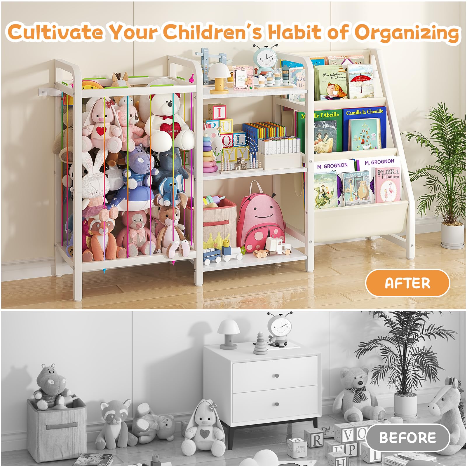 Kids Bookshelf and Toy Storage Organizer with Stuffed Animal Holder