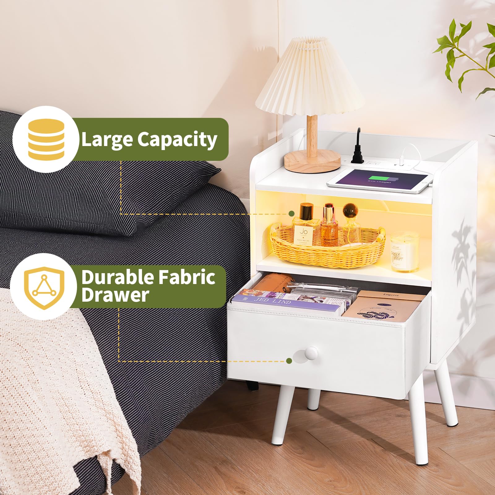Nightstand with Charging Station and LED Lights