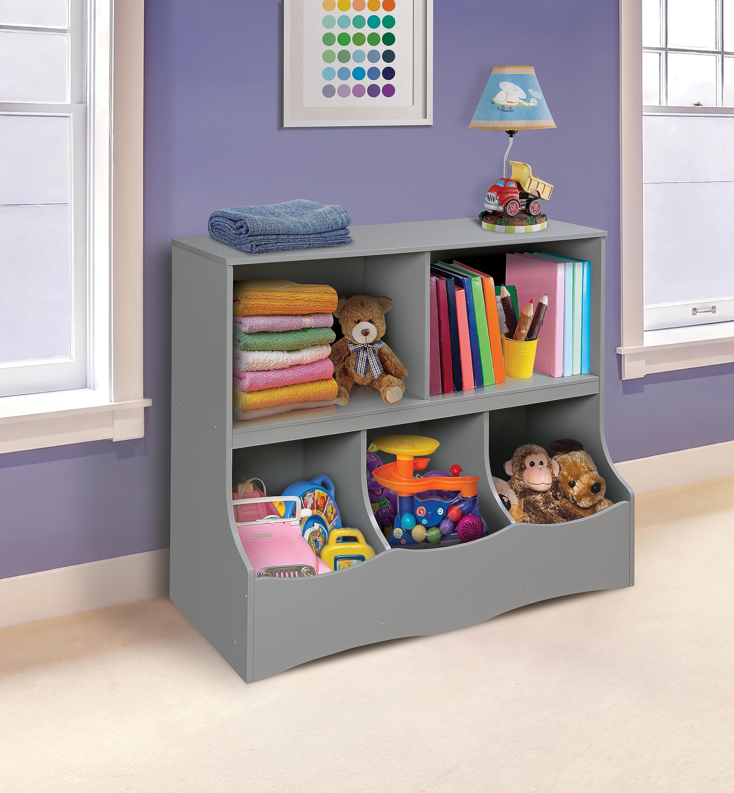 Multi-Bin Toy Storage Organizer and Bookshelf - Kids Cubby Shelf with 3 Bins,