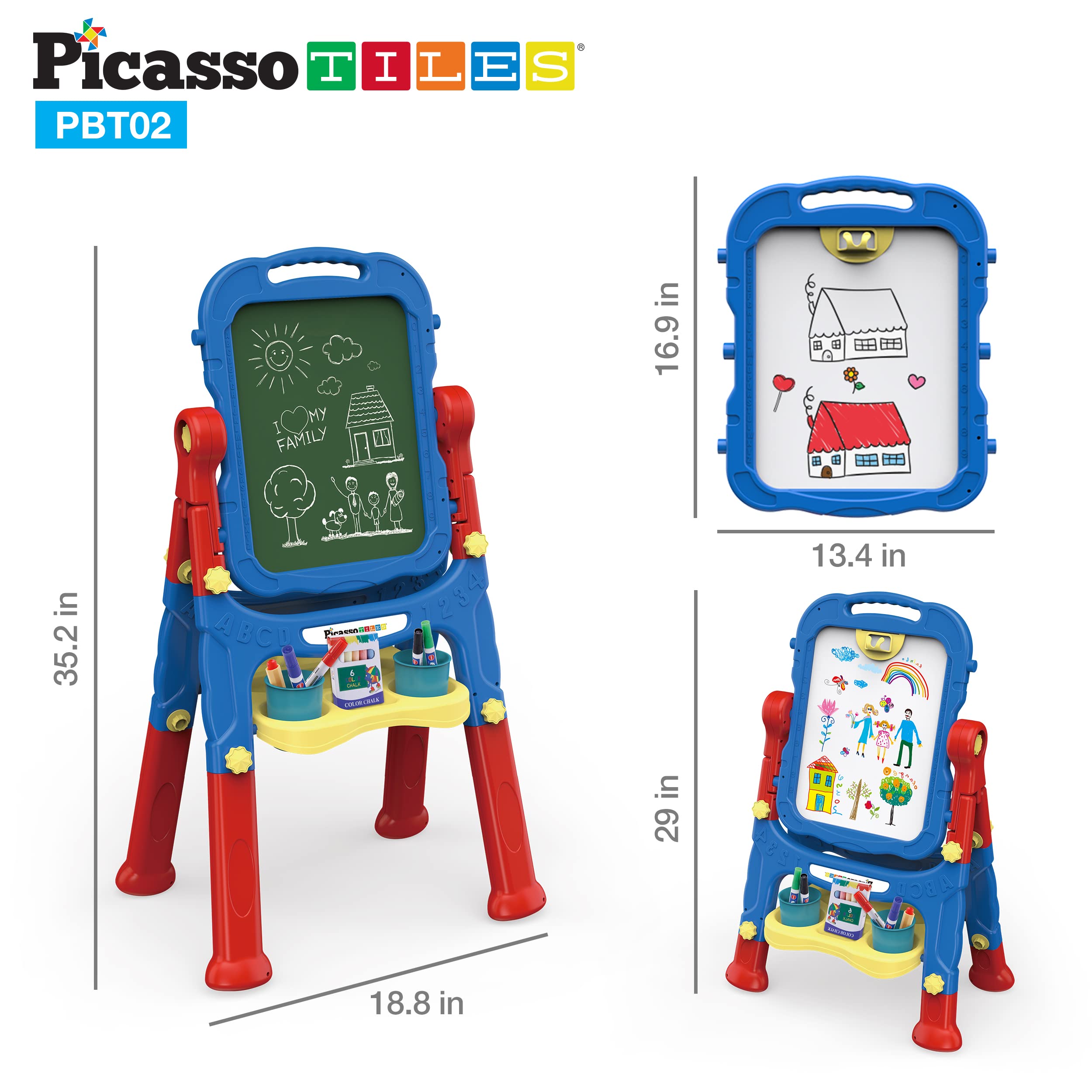 PicassoTiles Kids Art Easel AllinOne Drawing Board Chalkboard Whiteboard with Art Supplies STEM Educational Gift for Toddlers Boys Girls Age 3 to 8 Years Old Creative Learning Tool for Kids PBT02