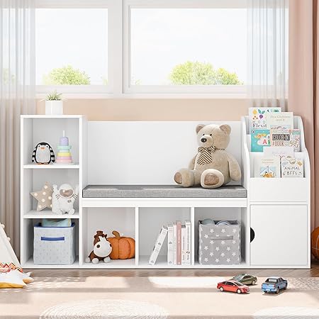 Kids Bookshelf with Reading Nook, Wooden Toy Storage Organizer