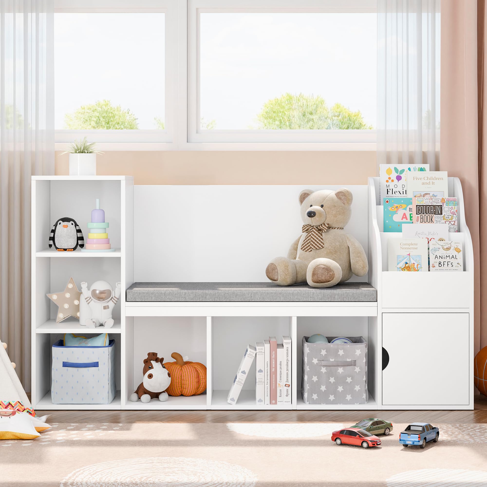 Kids Bookshelf with Reading Nook, Toddler Bookcase Bench with Seat