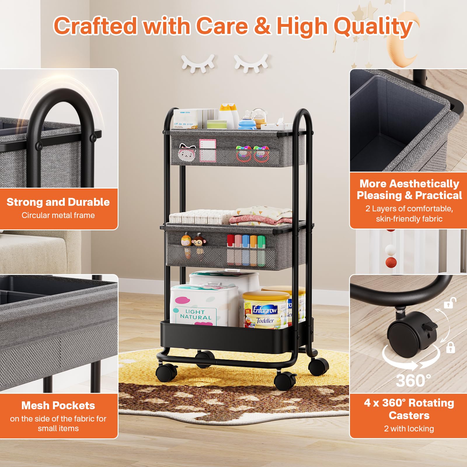 3 Tier Baby Diaper Caddy Organizer Cart with Wheels