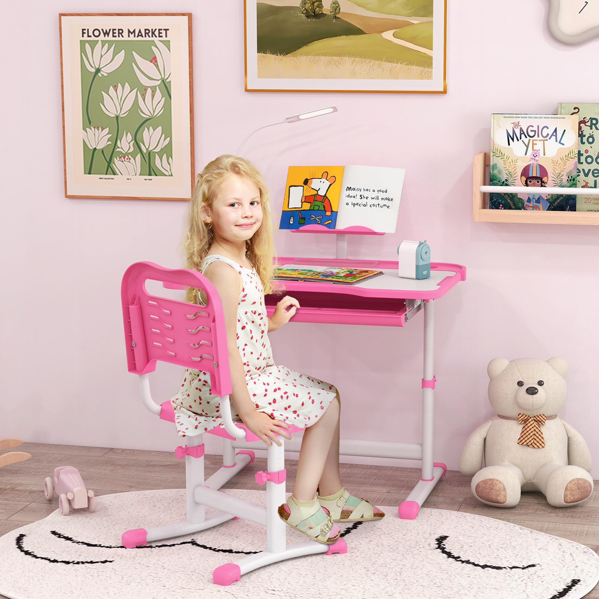 Height Adjustable Kids Desk and Chair Set with LED Lamp