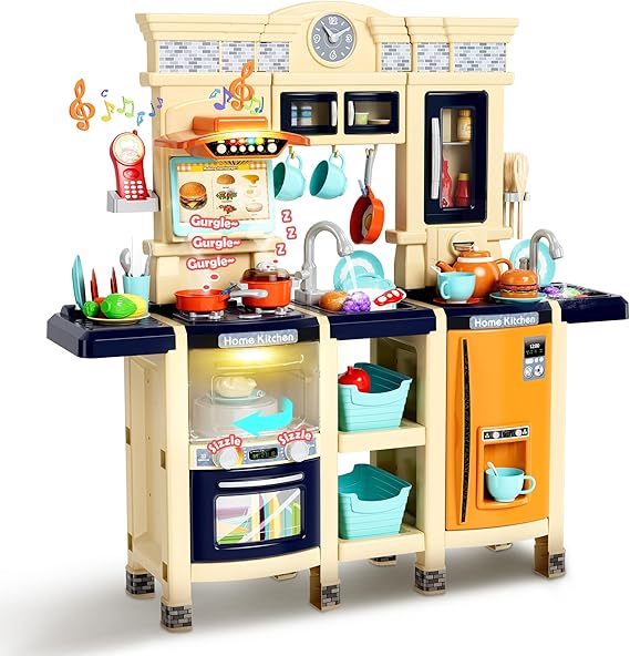 Play Kitchen for Toddlers, 87-Piece Interactive Kids Kitchen Playset