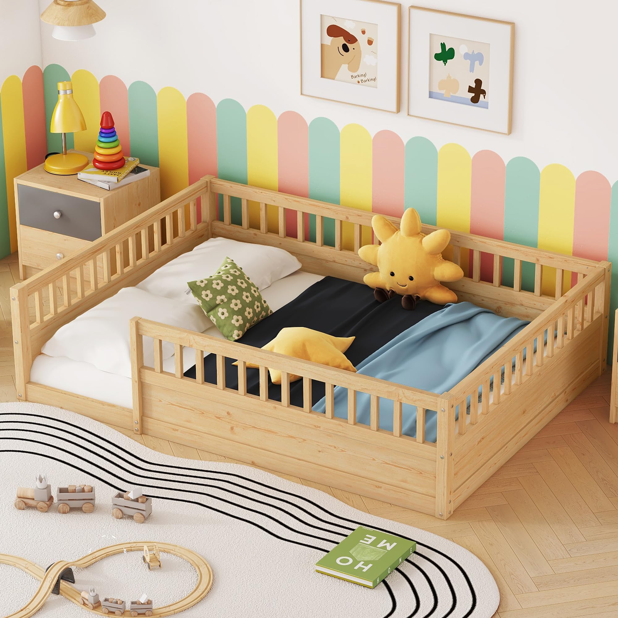 Full Size Montessori Floor Bed, Solid Wood Playhouse Bedframe with Safety High