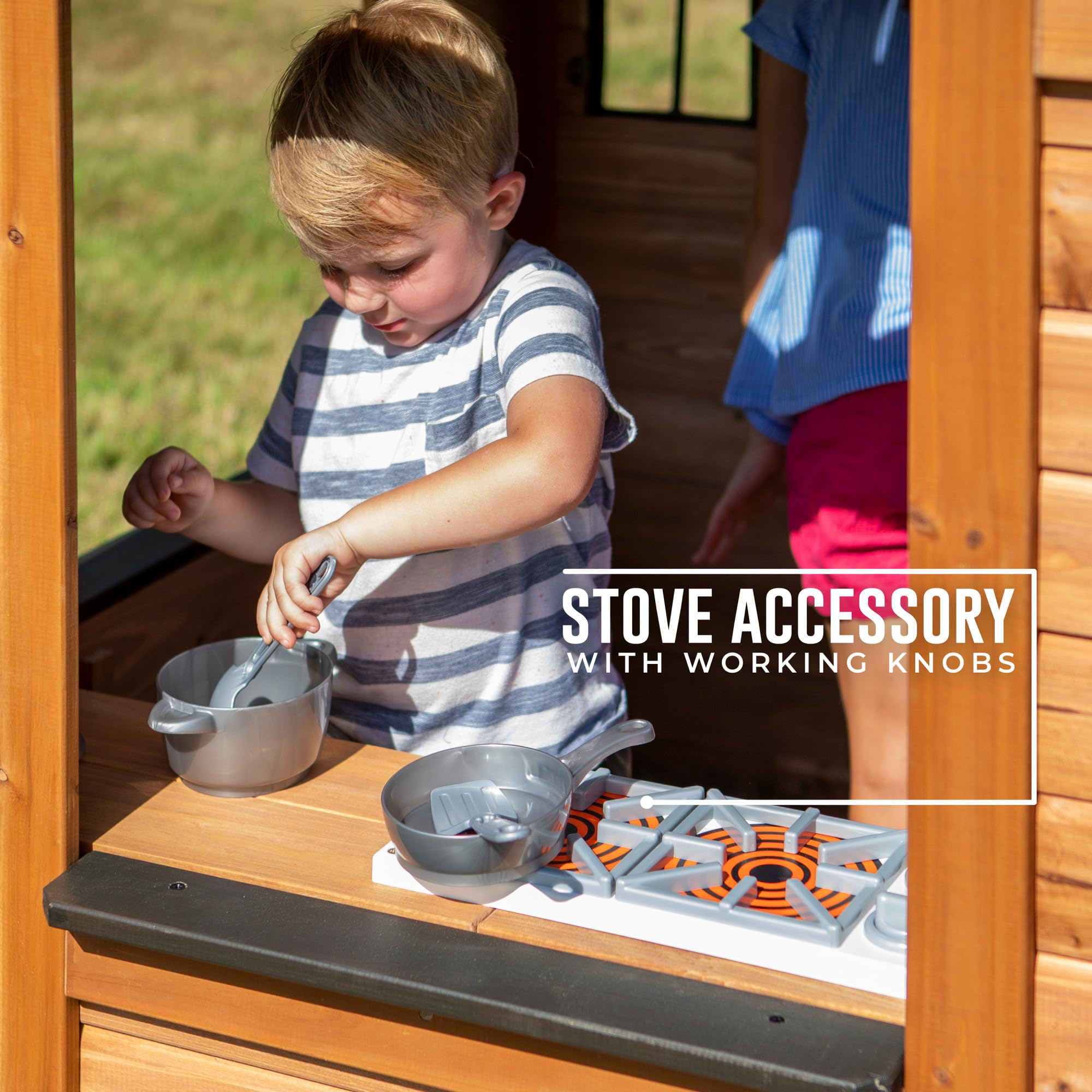 Cedar Wooden Kids Playhouse Cottage with Play Kitchen and Snack Bar