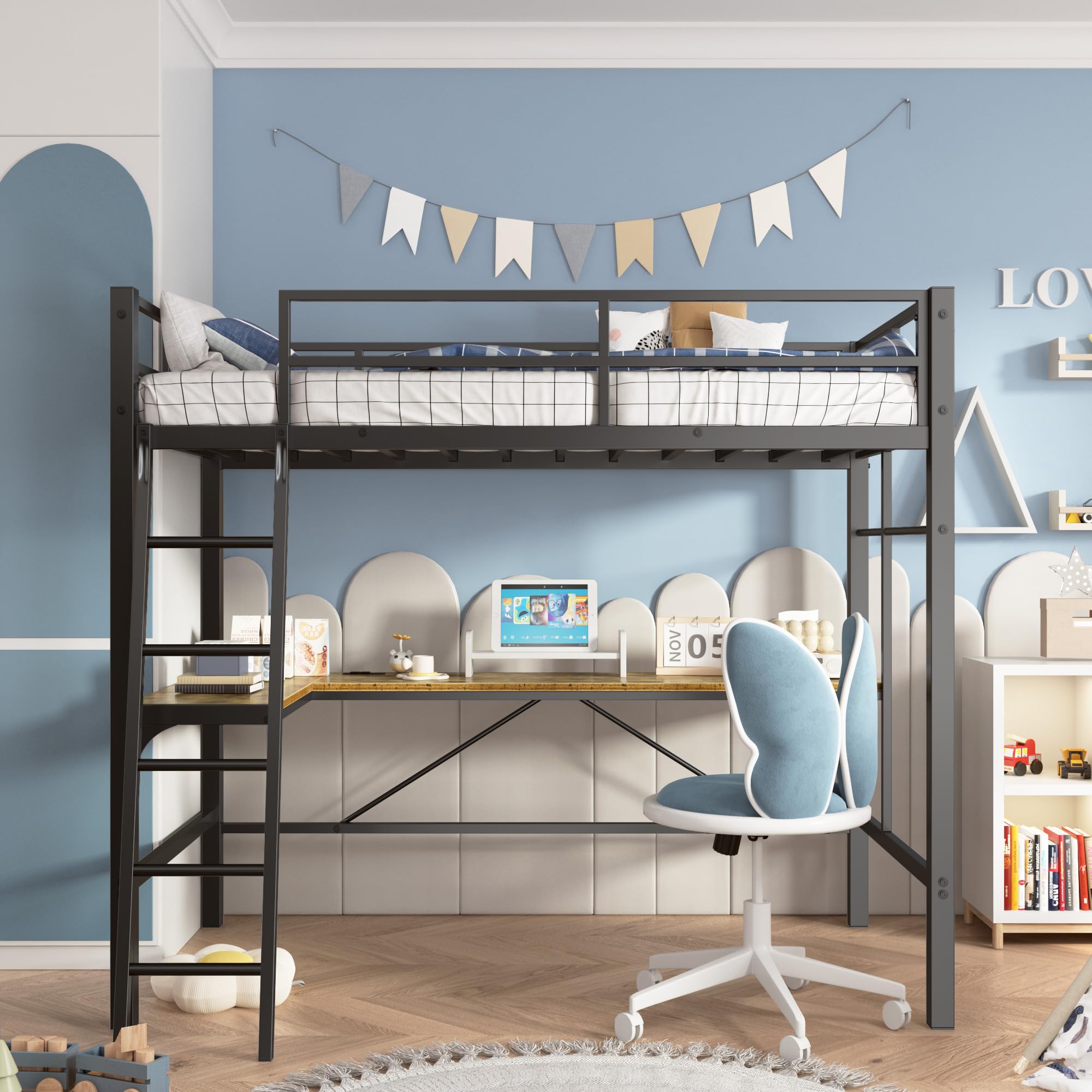 Metal Loft Bed Twin Size with Desk, Heavy Duty Twin Bed Frame