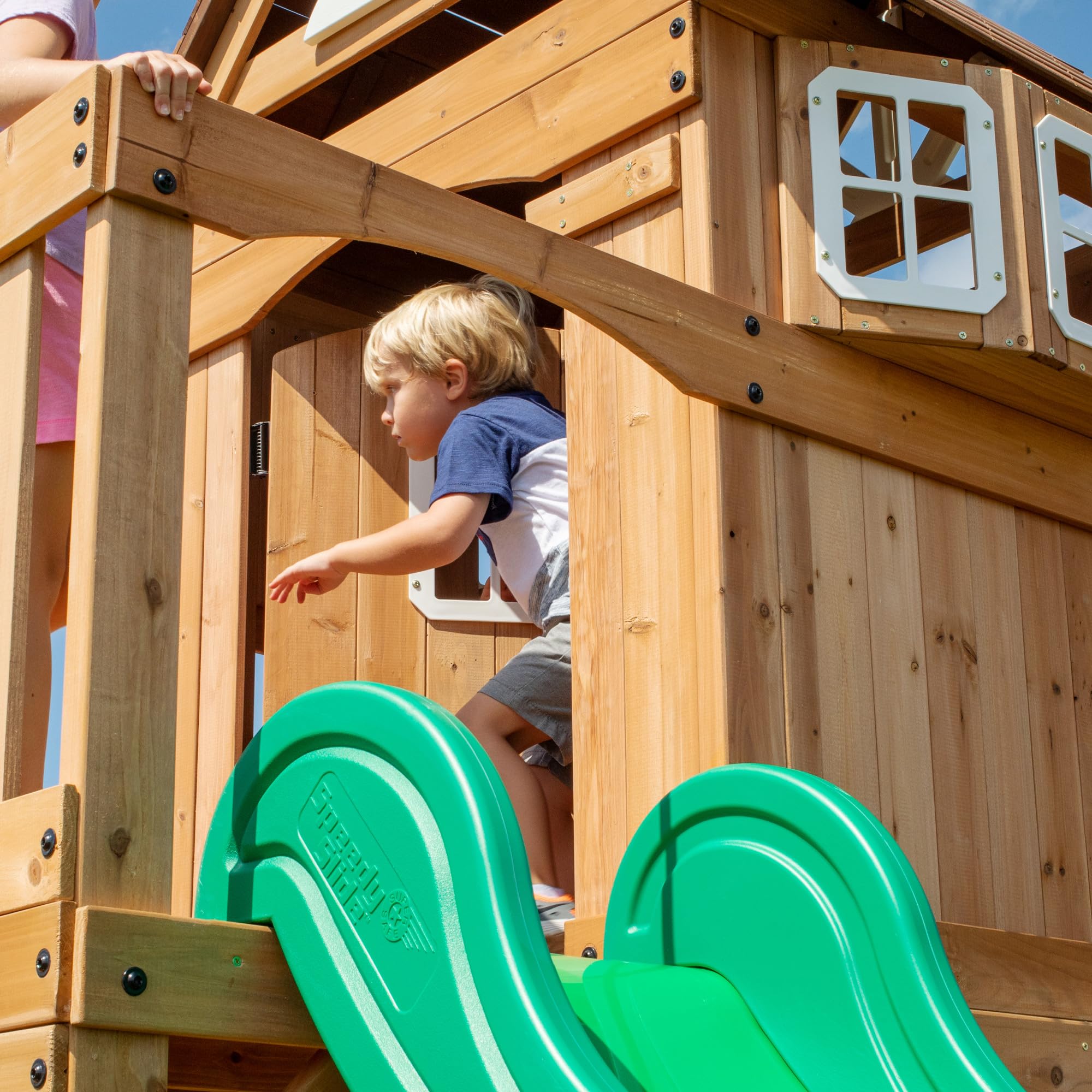 Cedar Wood Swing Set with Clubhouse and Wave Slide