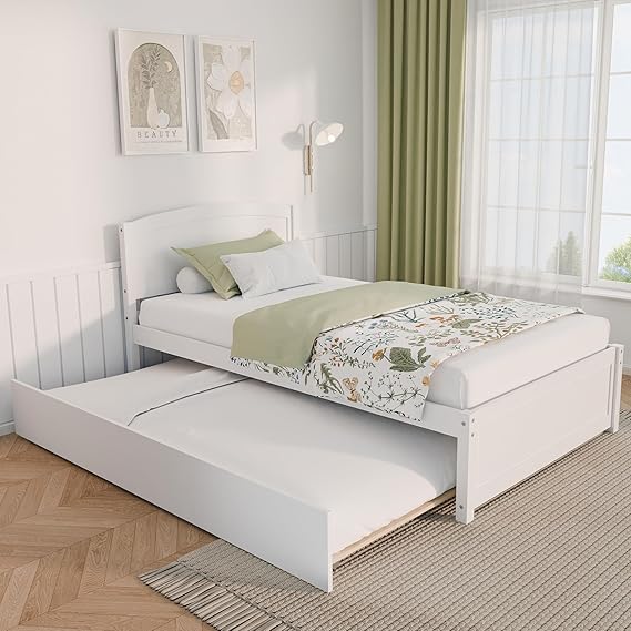 Trundle Bed Twin, Solid Wood Bed Frames with Headboard